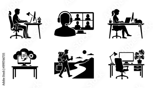 Remote work icon set, black silhouette people working from home and digital nomad lifestyle, 6 vector elements for telecommuting and online meetings