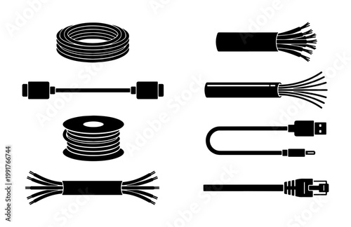 Electrical cable icons and wire set, black silhouette power cord vector collection, industrial copper wiring and network ethernet cable illustrations
