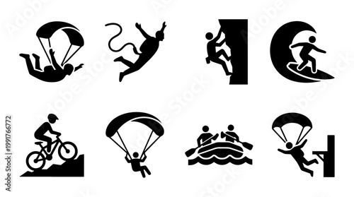 Extreme sports icons set, black silhouette adventure activity pictograms, 8 vector symbols for outdoor recreation and adrenaline hobbies