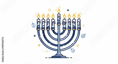A lit menorah with nine candles and decorative elements like dreidels