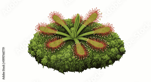 A green sundew plant with glistening, hair-like tentacles covered in sticky dew