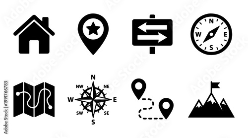 Minimalist travel navigation icon set, black map and location vector symbols, 8 flat adventure and tourism elements for web design