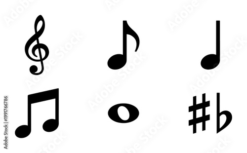 Musical notes and symbols vector set, black musical notation icons on white background, treble clef and eighth note silhouettes for sheet music