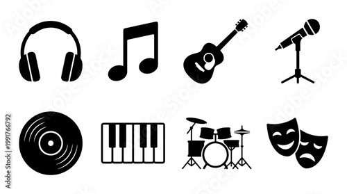 Music and entertainment icon set, black silhouette musical instruments and theater masks, 8 vector symbols for audio production and live performance