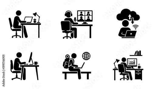 Remote work icon set, black stick figure people working on laptops and computers, digital nomad and home office vector illustrations