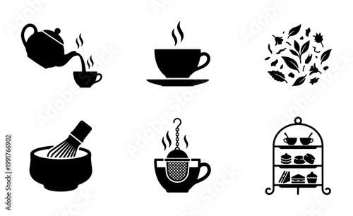 Tea culture icon set, black silhouette tea ceremony symbols, 6 vector elements featuring teapot matcha whisk and afternoon tea stand