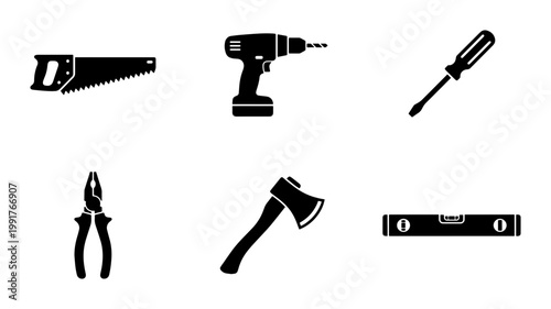 Black silhouette construction tools icon set, 6 professional carpentry and hardware equipment vectors, industrial hand tool collection for DIY projects