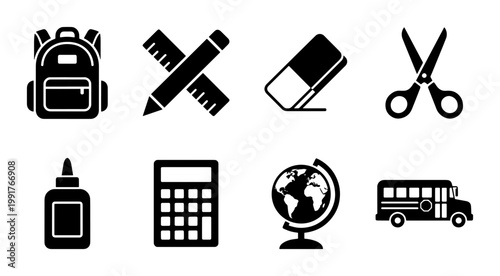 Back to school icon set with 8 black vector elements, school supplies and education symbols, minimalist backpack and stationery graphics