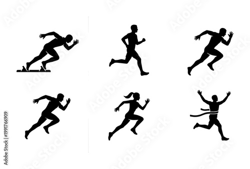 Running athlete silhouettes set, sprinting man and woman icons, track and field sports competition vector, marathon runner finishing race