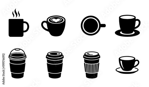 Minimalist coffee cup icon set, black silhouette cafe drink symbols, collection of 8 vector coffee mugs and takeaway cups for menu design