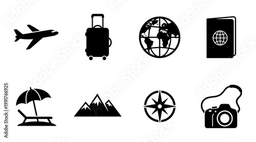 Travel icons set with airplane, suitcase and globe. Minimalist vacation symbols including passport, beach chair, mountains, compass and camera vector collection.