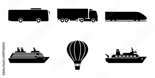 Transportation icons set with black silhouettes, vehicle symbols for logistics and travel, 6 vector elements for shipping and public transit