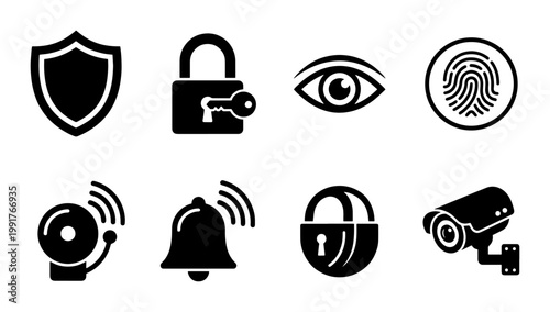 Security icon set with 8 black vector symbols, digital protection and surveillance icons, safety shield and padlock graphics for web design