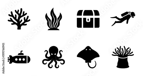 Ocean life and scuba diving icons, set of 8 black vector silhouettes, marine biology and underwater exploration symbols for web design