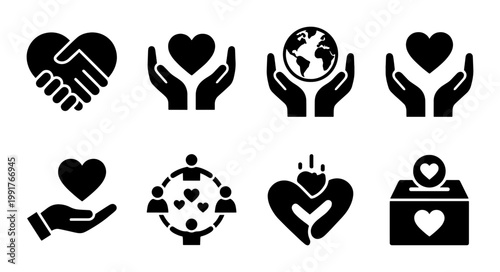 Charity and donation icon set, 8 black solid vector symbols for non-profit organizations, heart and hand care icons for community support and volunteering