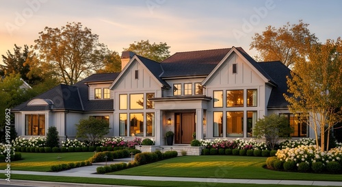 Elegant modern home exterior with manicured lawn and landscaping at sunset