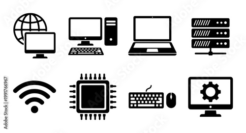 Computer hardware and network technology icons, set of 8 black vector symbols, desktop PC and laptop workstation illustrations for IT services
