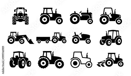 Agricultural tractor silhouette set, 12 farming vehicle icons, black farm machinery vector collection, heavy equipment for agriculture and harvesting