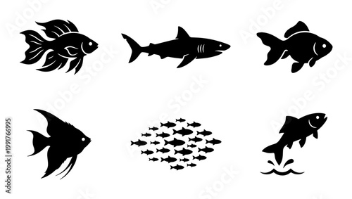 Black fish silhouette icons set, minimalist aquatic animal vector collection, shark and goldfish sea life graphics, 6 marine species symbols
