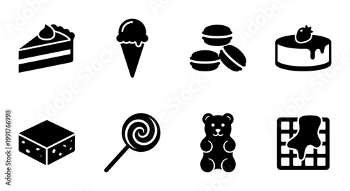 Minimalist dessert icon set, black solid sweet food symbols, collection of 8 bakery and confectionery vector graphics for menu design