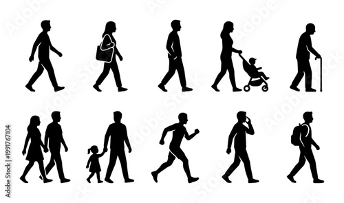 Black silhouettes of people walking and running, diverse pedestrian set with 10 vector elements, active lifestyle and urban crowd figures