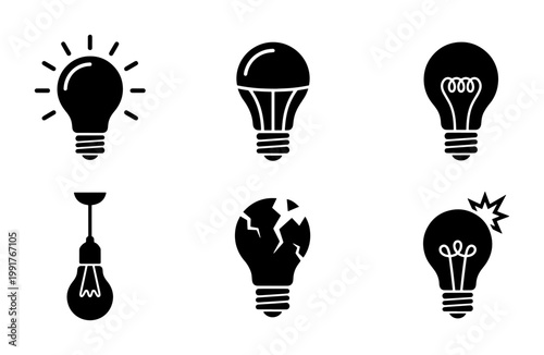 Minimalist light bulb icon set, black silhouette electric lamp collection, 6 vector symbols of creative ideas and broken glass bulbs