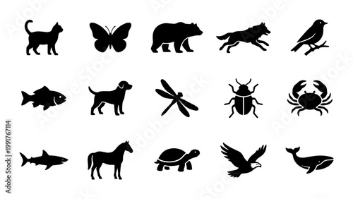 Minimalist animal silhouettes set, 15 black wildlife icons vector, flat nature fauna collection for logo design and educational infographics