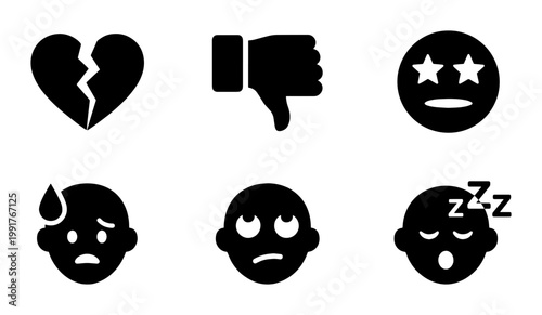Minimalist black emoji icon set, 6 negative emotion vector symbols, broken heart and dislike thumb icons for social media interface design
