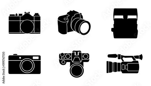 Vintage and modern camera icons set, black silhouette photography equipment vectors, professional DSLR and video camera collection