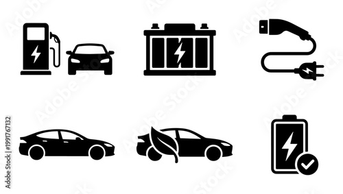 Electric vehicle icon set with 6 black vector elements, EV charging station and battery symbols, eco-friendly transport and renewable energy icons
