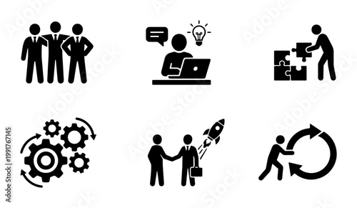 Business teamwork and startup icons set, black silhouette corporate management symbols, professional collaboration and strategy vector elements
