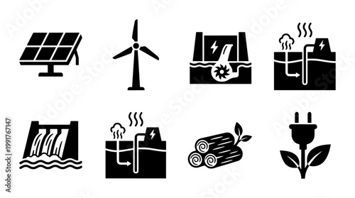 Renewable energy icon set with 8 black vector symbols, sustainable power generation icons, solar panel and wind turbine illustrations for green technology