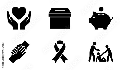 Charity and donation icon set, black solid vector symbols for non-profit organizations, 6 volunteer and community support elements for web design