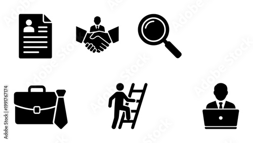 Professional business recruitment icon set, human resources and career growth symbols, black solid vector icons for hiring and employment