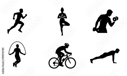 Fitness silhouette icons set of 6 vector elements, black workout figures for gym and sports, athletic people training and exercising icons