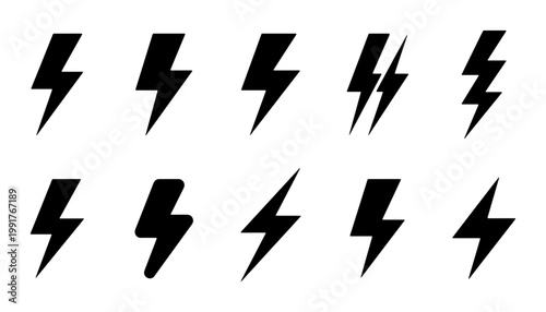 Lightning bolt icon set, black thunderbolt symbols collection, 10 electric power flash vector elements, minimalist energy and charging signs