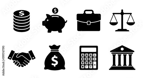 Business and finance icon set, black minimalist financial symbols, collection of 8 vector icons for banking and accounting services