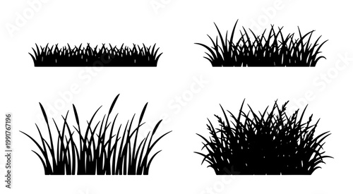 Black grass silhouette vector set, botanical meadow plant borders, minimalist lawn turf icons, outdoor garden landscape elements for design
