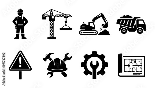 Construction industry icon set with heavy machinery, black silhouette building site symbols, 8 vector elements for civil engineering and architecture