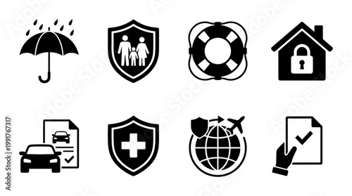 Insurance icons set with 8 black vector symbols, life and health protection signs, car and travel insurance graphics for business web design
