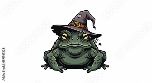 A green toad sits on a white background wearing a tattered witch hat with a buckle