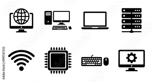 Computer technology icons set, black flat vector hardware symbols, server and network equipment collection, 8 digital device graphics