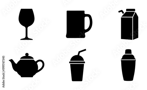Minimalist beverage icons set, black silhouette drink containers vector, 6 flat liquid vessel elements for restaurant menu and bar signage