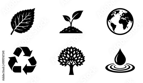 Eco friendly environment icons set, black silhouette nature symbols including leaf and recycle sign, sustainable ecology vector elements for web design