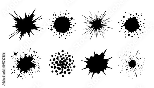 Black ink splat vector set, 8 grunge paint splash elements, messy liquid spray and droplet collection for artistic graphic design