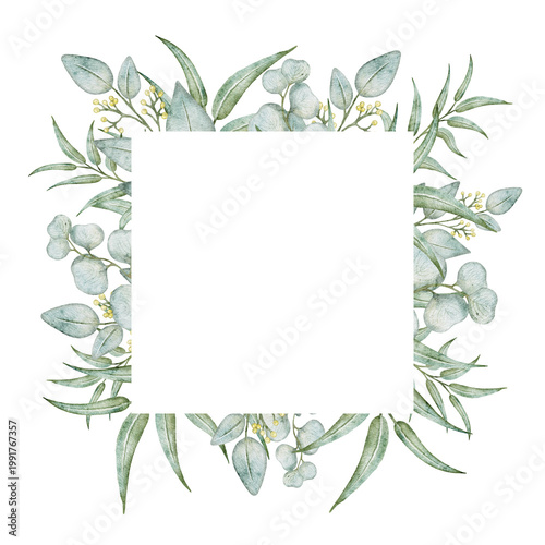 Watercolor eucalyptus leaf frame with a square empty center, featuring soft green foliage, rounded and elongated leaves, and small yellow buds arranged in a balanced botanical border on a light backgr