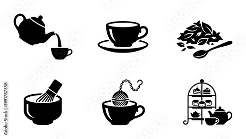 Minimalist tea ceremony icon set, black silhouette tea time symbols, 6 vector elements including teapot, matcha whisk, and afternoon tea stand