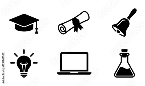 Education icon set with 6 black vector elements, graduation cap and diploma scroll icons, school bell and lightbulb symbols for learning and science