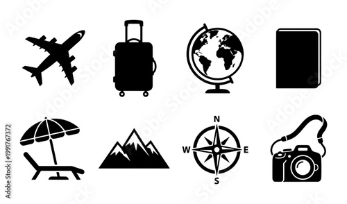 Travel and tourism icon set, black minimalist vacation symbols, collection of 8 adventure vector elements for trip planning and holiday design