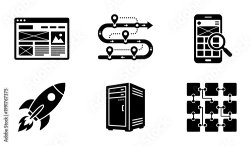 Modern SEO and web development icon set, 6 black glyph vector elements for digital marketing, startup launch and data hosting concepts